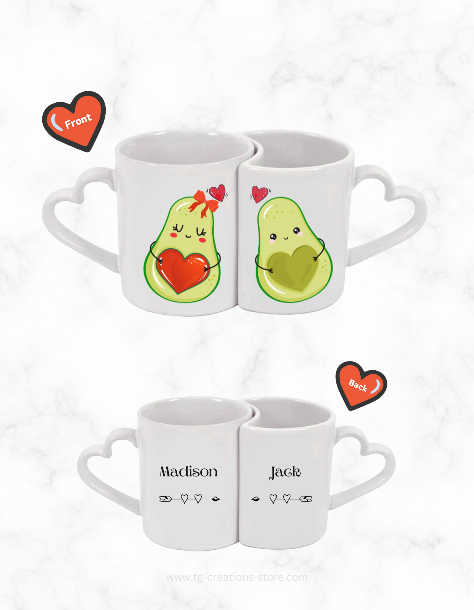 Cute Avocados Design Couple's Heart shaped handle Mugs