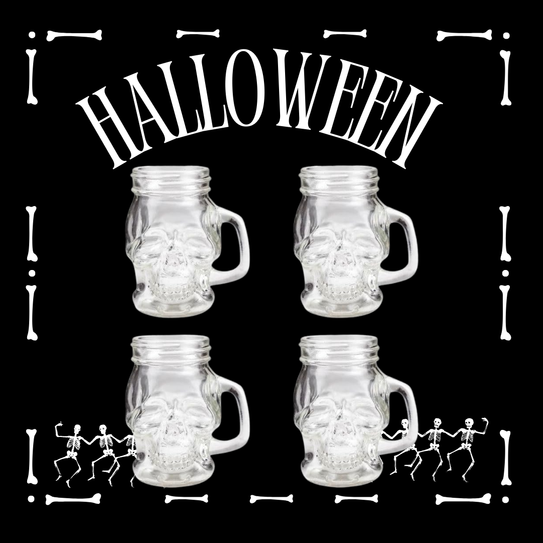 Set of 4 Skull Mason Jars with Handle – 4 oz Clear Glass