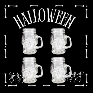 Set of 4 Skull Mason Jars with Handle – 4 oz Clear Glass